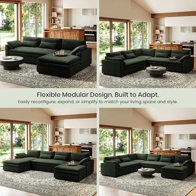 Belffin Large Modular Sectional Sofa with Double Deep Chaise and Loveseat, Corduroy U Shaped Couch with 9" Soft Dual-Layer 9 Seats Cushion for Living Room, Apartment, Green