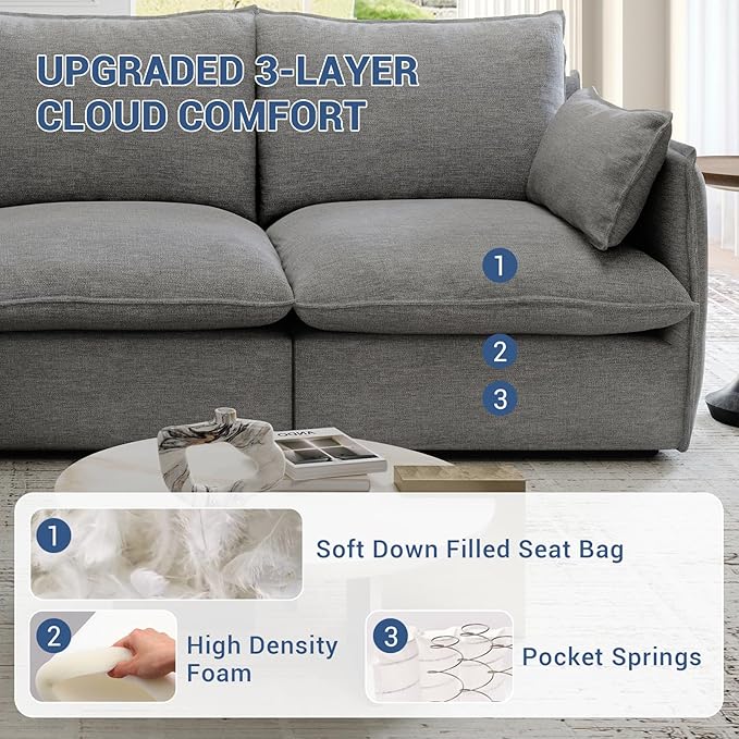 Cloud Modular Sectional Sofa, Waterproof Down Filled Sectional Sofa, High Backrest Loveseat Couch with Ottoman, Modern Modular Couch with Removable Cover, Dark Gray