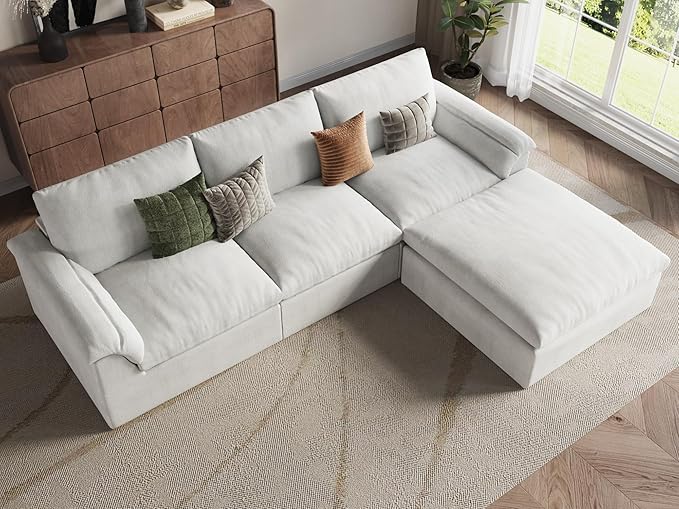 EASE MOOSE Oversized Boneless Cloud Couch for Living Room, Modular Sectional Sofa L-Shape, Cloud Sofa Set with Fluffy Foam, 4-Seat Deep Comfy Sofa with Ottoman for Bedroom Apartment, Chenille (White)