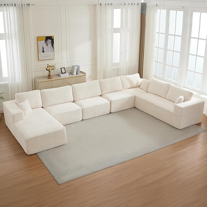 Modular Sectional Cloud Couch for Living Room,Modern Boneless Couche Set with Plush Corduroy,Comfy Floor Sofa with Memory Foam,Stupendous U Shaped Sofa with Chaise,No Assembly Required,Beige