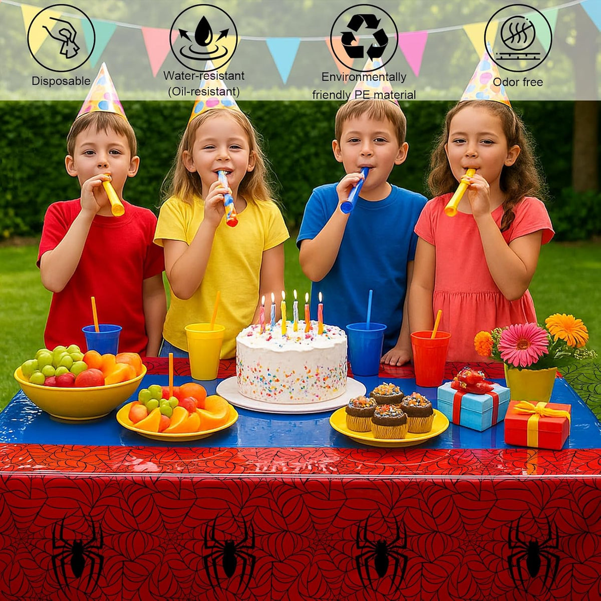 6-Pack Spider Theme Tablecloths - 54x108 Inch Disposable Plastic Table Covers for Birthday & Halloween Parties, Red & Blue Web Design Decorations for Little Ones, Adults, Indoor/Outdoor Event