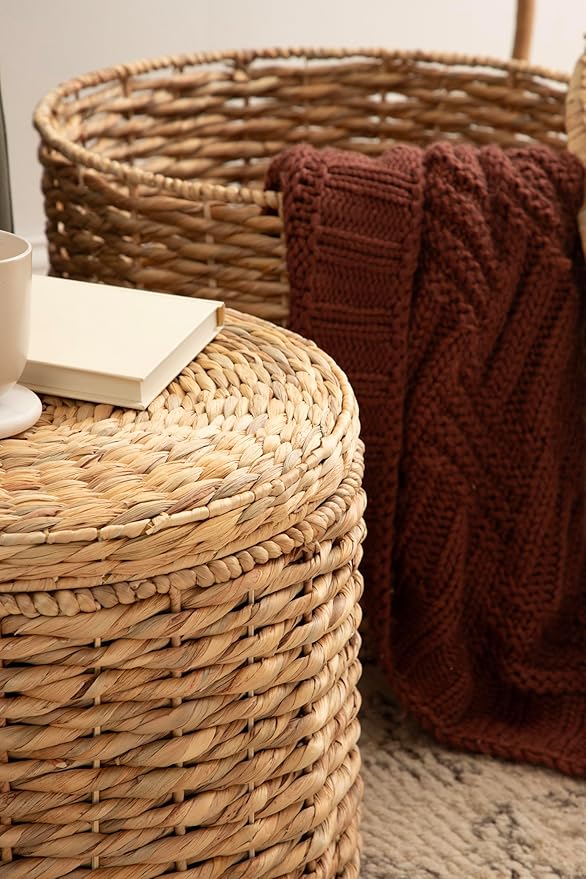 Kate and Laurel Halm Modern Woven Rattan Round Storage Side Tables, Set of 2, 20 x 17 and 16 x 14, Natural Rattan, Lift-Top End Tables for Use as Hidden Storage Baskets or Small Ottoman Tables