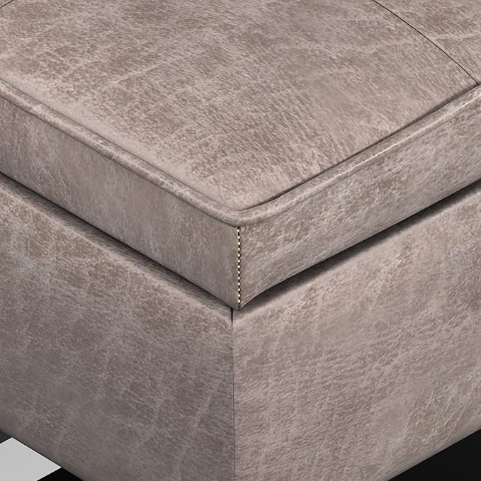 SIMPLIHOME Cosmopolitan Storage Ottoman Bench - 44 inch Wide Upholstered Vegan Leather Rectangle Storage Ottoman in Distressed Grey Taupe, Transitional Bench for Bedroom with Tufted Lift-Top and Shelf