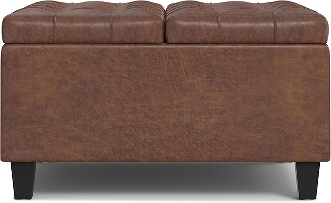 SIMPLIHOME Harrison 30 inch Wide Transitional Square Small Coffee Table Storage Ottoman in Distressed Saddle Brown Vegan Faux Leather, Assembled, for The Living Room and Bedroom