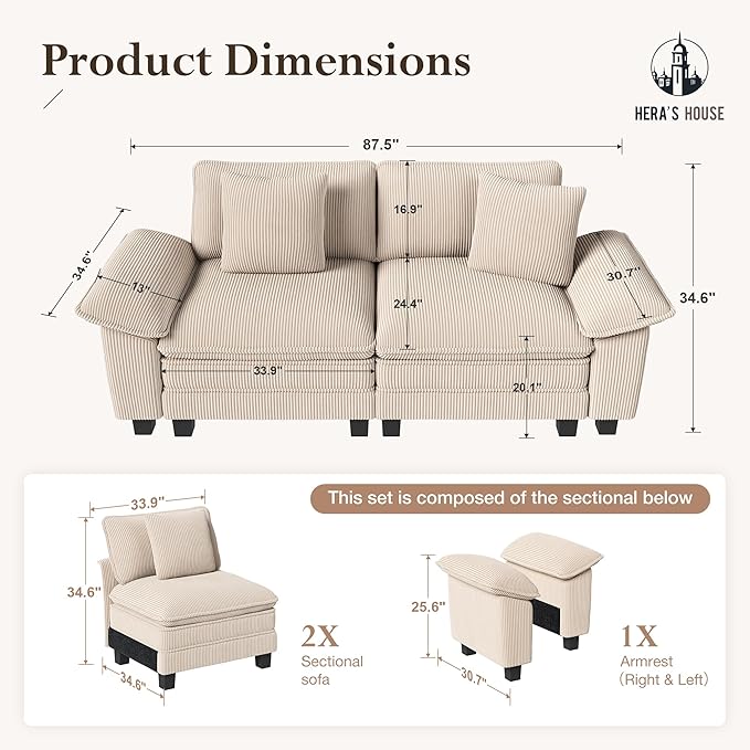 HERA'S HOUSE 88" Modular Sectional Sofa, Loveseat Couches for Living Room, Comfy Cloud Couch 2-Seater Deep Seat Sofa with Throw Pillow, Corduroy Beige