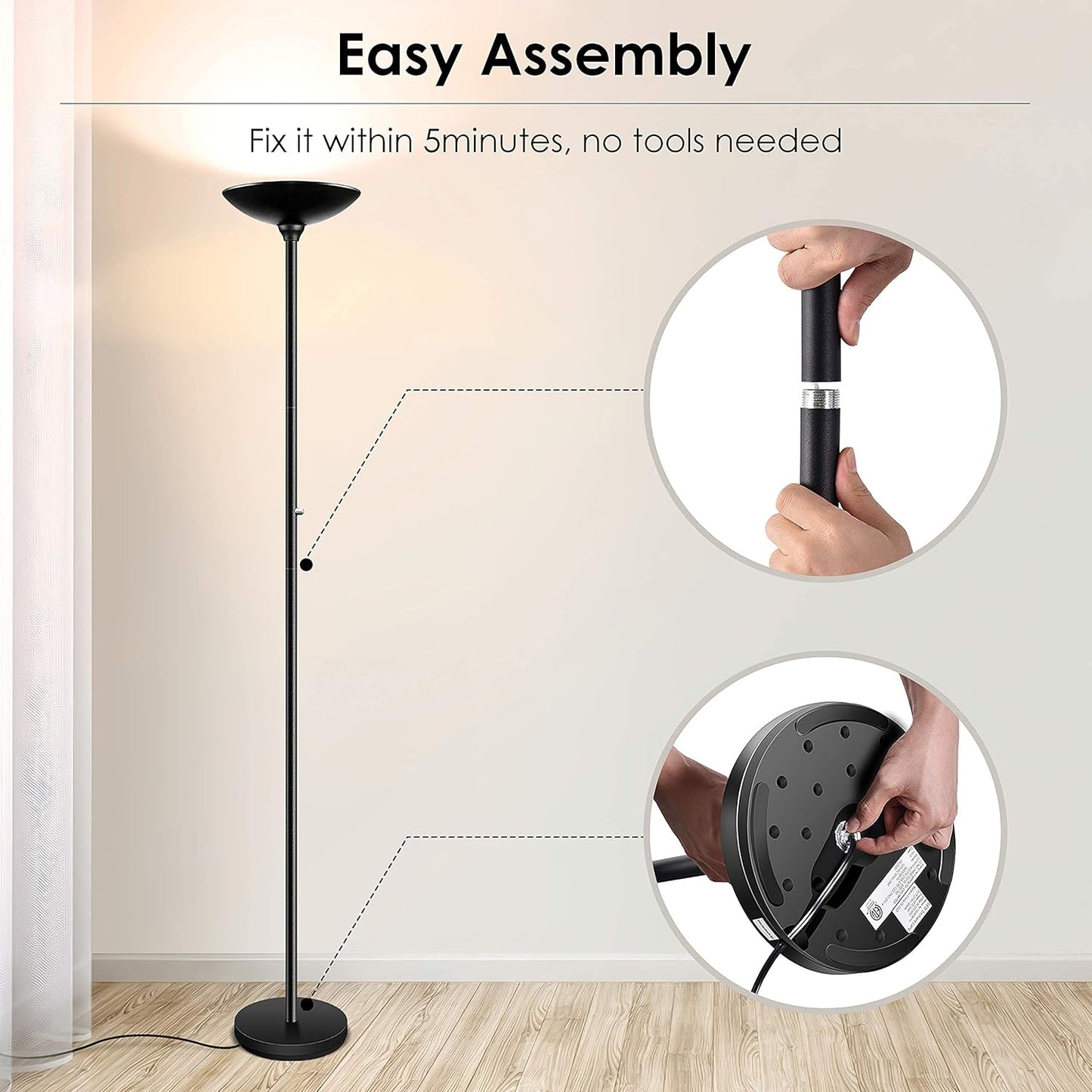 BoostArea Torchiere Floor Lamp, 30W Super Bright LED Standing Lamp, Stepless Dimmable Pole Lamp with 3000K Lighting, Rotary Switch, 70 Inch Tall Metal Modern Floor Lamps for Living Room/Bedroom Black