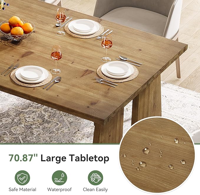 70.87" Dining Table, Solid Wood Kitchen Table for 6-8, Modern Rectangle Kitchen and Dining Room Furniture with Heavy Duty Legs, Wood Brown