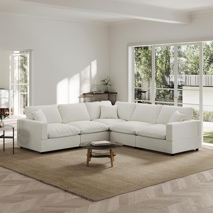 Modern Sectional Linen Couch for Living Room V-Shape Sofas,5 Seat Modular Cloud Sofas,Couches Cushion Covers Removable,CozyFeather Down Sofa for Apartment Cream White