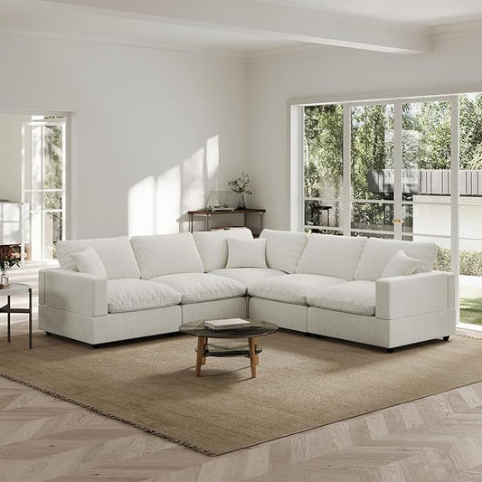 Modern Sectional Linen Couch for Living Room V-Shape Sofas,5 Seat Modular Cloud Sofas,Couches Cushion Covers Removable,CozyFeather Down Sofa for Apartment Cream White