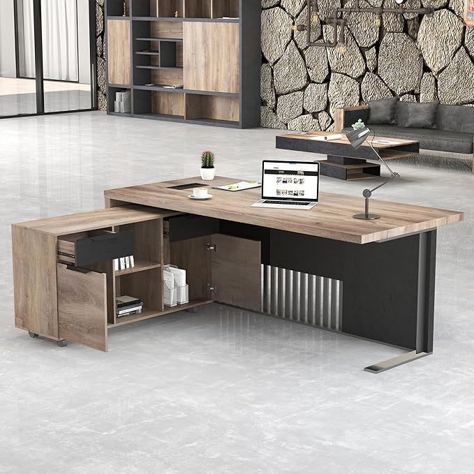 70.87 Inch L Shaped Executive Office Desk with 2 Drawers, Modern Home Office with File Cabinet, Business Furniture W/Stand Under Storage Organizer with 4 Wheels