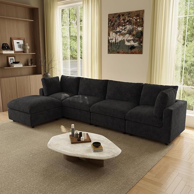 WJShome L Shaped Sectional Couch 134 Inch 4-Seater Modern Modular Sofa with Ottoman,Chenille Deep Seat Couches for Living Room, Bedroom and Apartment，Black