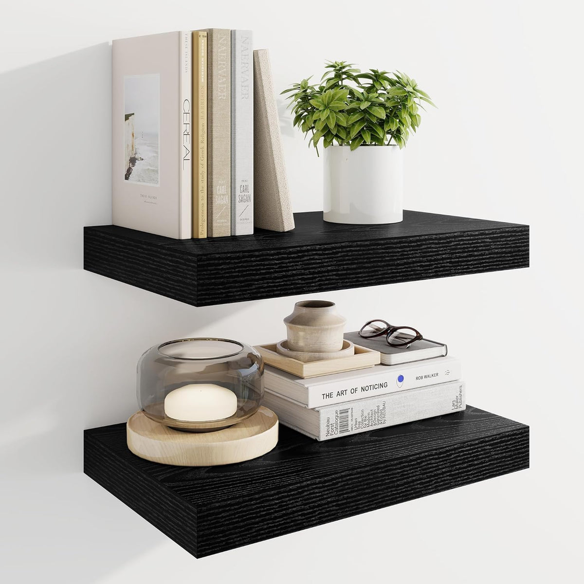 Marsmiles 16" Floating Shelves for Wall, Wooden Shelves with Invisible Brackets Set of 2, Rustic Farmhouse Wall Mounted Shelf for Kitchen Bathroom Living Room Study, Black