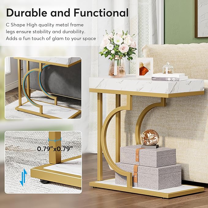 Tribesigns Narrow Side Table White Gold C Shaped End Table Modern Bedside Tables Small Chairside Table for Couch, Sofa Table with Metal Frame for Living Room (1, White+Gold)