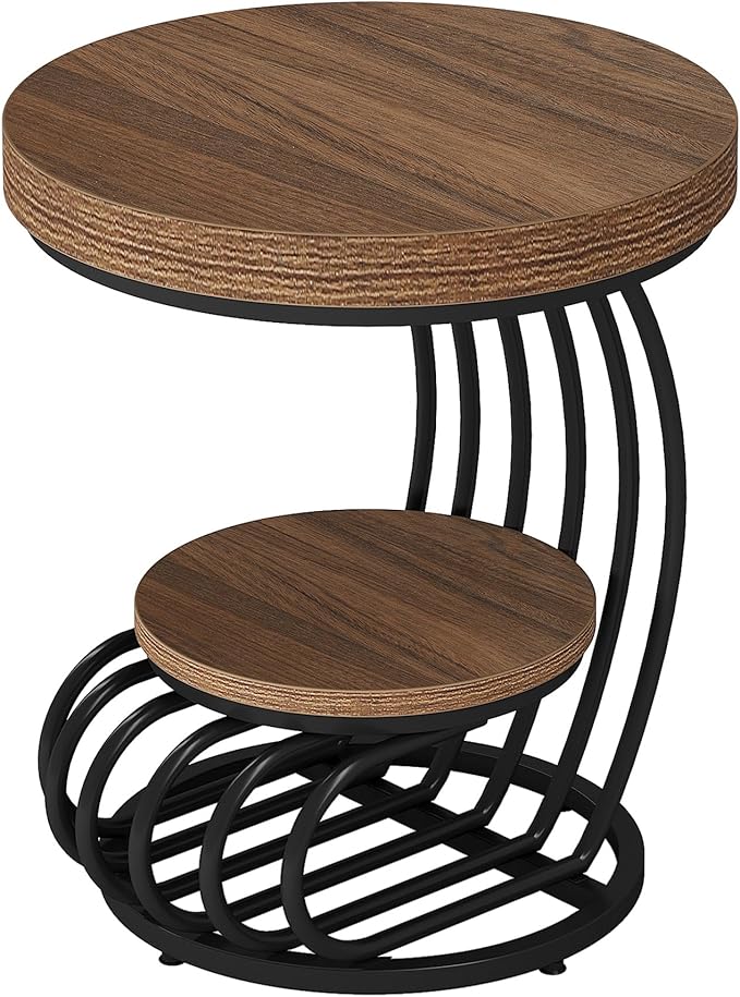 Tribesigns Round End Table, 2-Tier Farmhose Wood Side Table with Shelf Storage, Small Sofa Side Bedside Nightstand, Arc-Shaped Frame Accent Furniture for Living Room, Light Brown