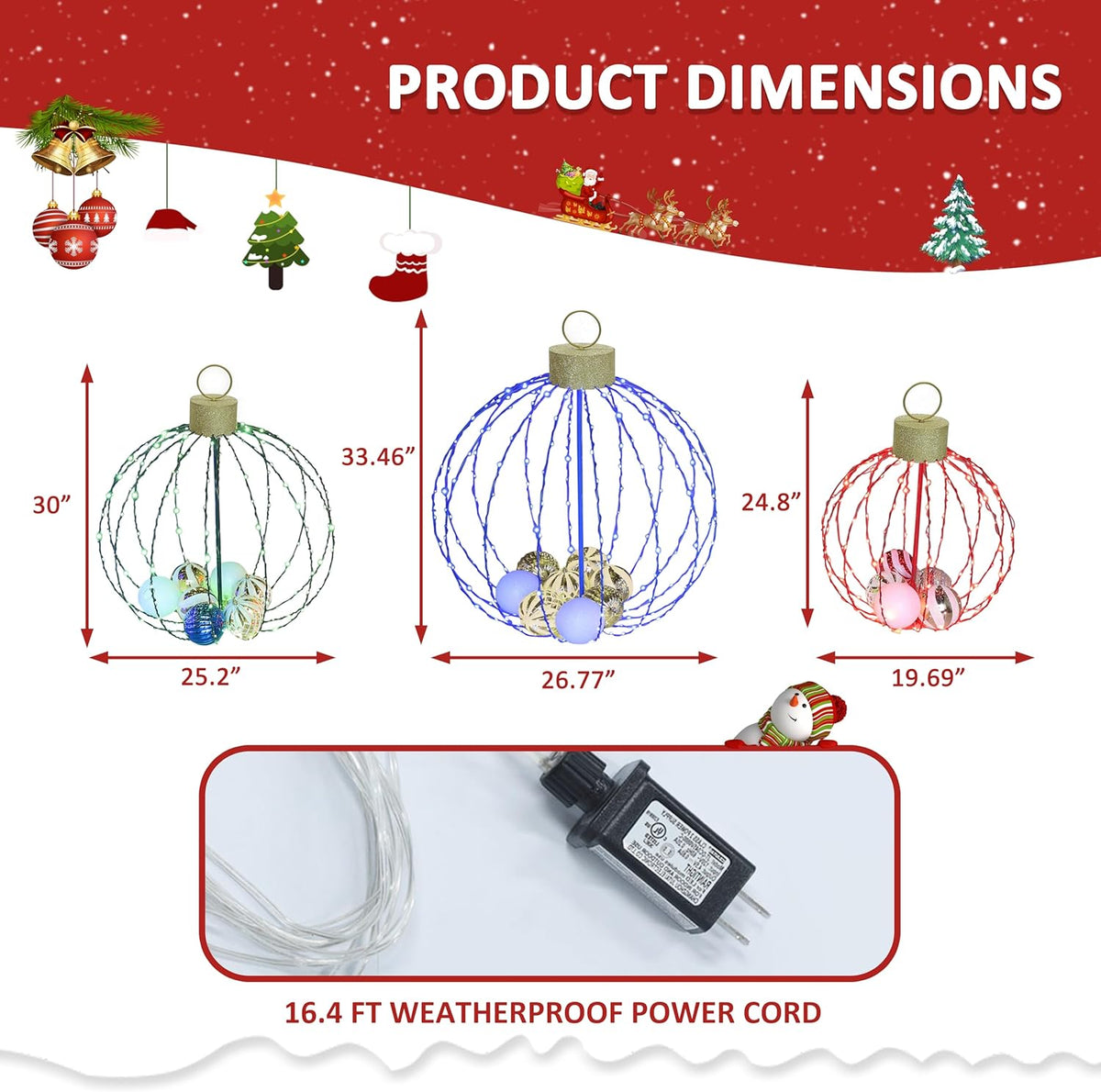 Outdoor Christmas Decorations, Set of 3 Lighted Christmas Ball Ornaments with 570 LED Lights, 6 Ground Stakes, Included 20 Small Plastic Xmas Ball Ornaments for Holiday Decor Yard
