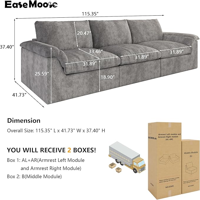 EASE MOOSE Oversized Boneless Couch for Living Room, Sectional Cloud Sofa, Modular Cloud Couch, 3-Seater Deep Seat Sofas with Pillow for Bedroom, Apartment, No Assembly Required, Chenille (Grey)