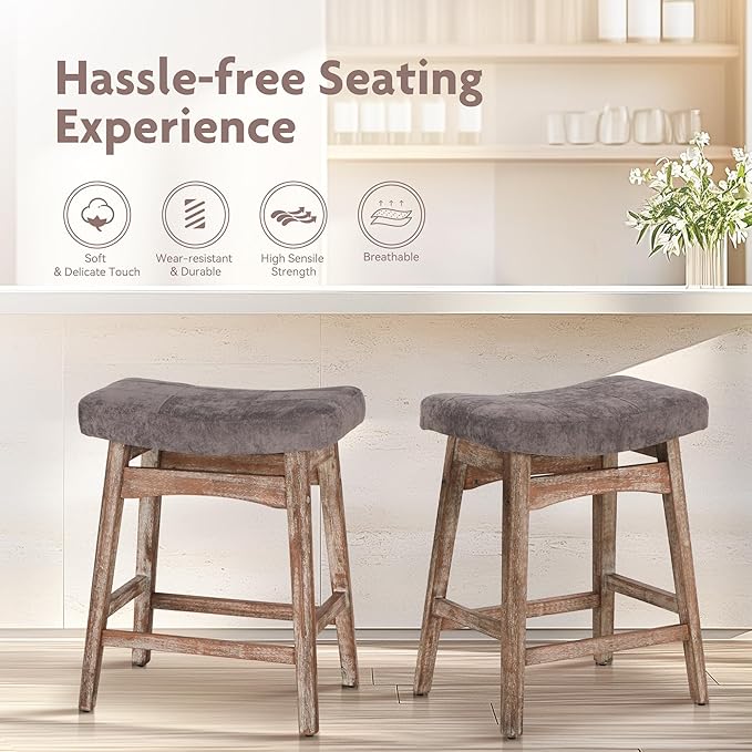 ALPHA HOME Bar Stools Set of 4, Solid Wood Saddle Kitchen Stools with Grey Linen Fabric Cushion Counter Height Barstools, 24 Inch, Grey, 4PCS