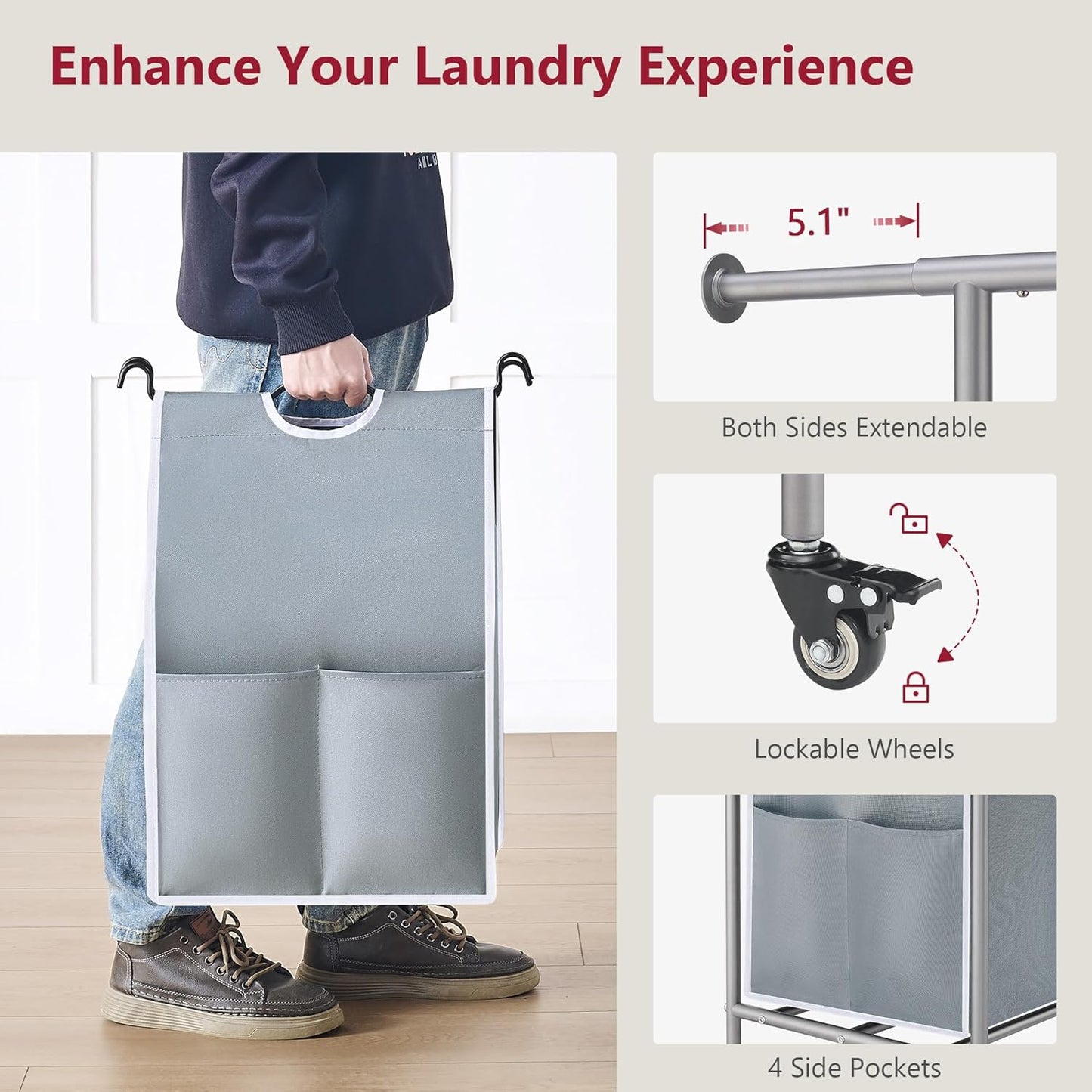 Tajsoon Laundry Sorter with Hanging Bar, 3 Section Rolling Laundry Hamper with Heavy Duty Lockable Wheels, Laundry Basket with Hanging Rack for Bedroom, 3 Gray