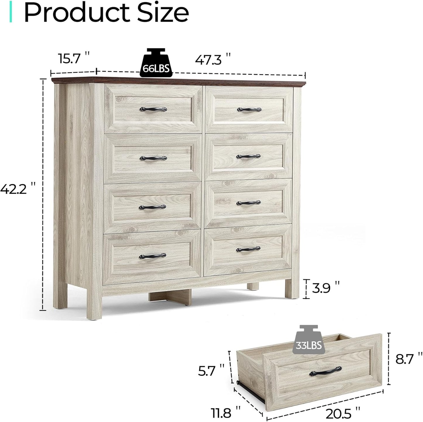 LINSY HOME Farmhouse 8 Drawers Dresser Chests for Bedroom, Wood Dresser Wide Chest of Drawers, Storage Dressers Organizer for Bedroom, Living Room,Hallway, SGS Certified