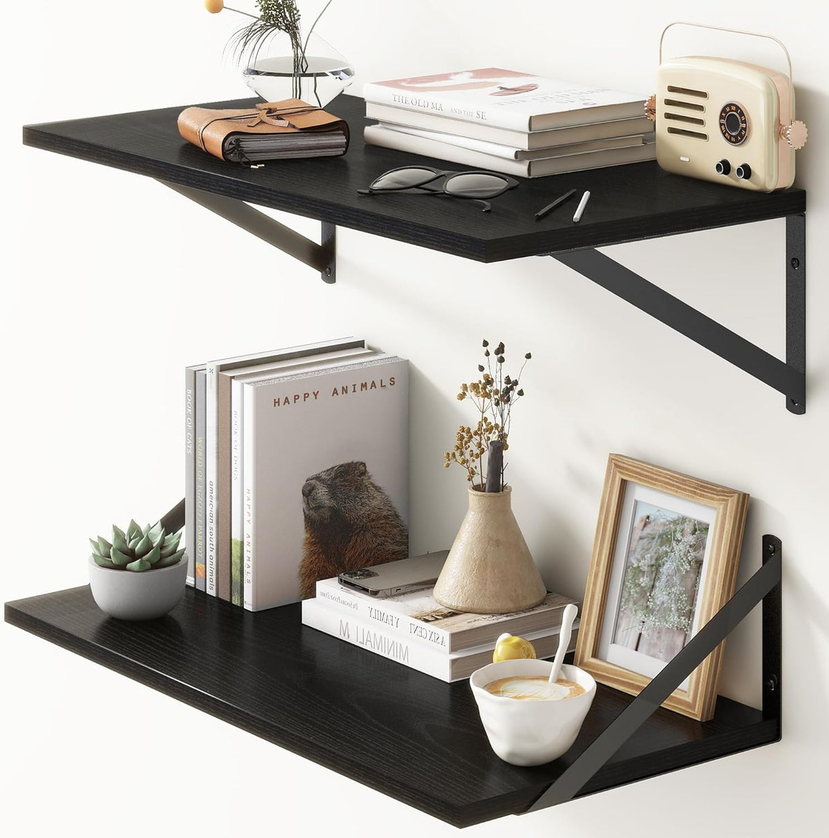 Deep Floating Shelves, 12 Inch Deep Floating Shelves for Wall, 24"W x 12"D Wall Shelves for Books, Rustic Black Wooden Shelves, Large Wide Display Shelf for Bathroom, Living Room, Bedroom, Set of 2