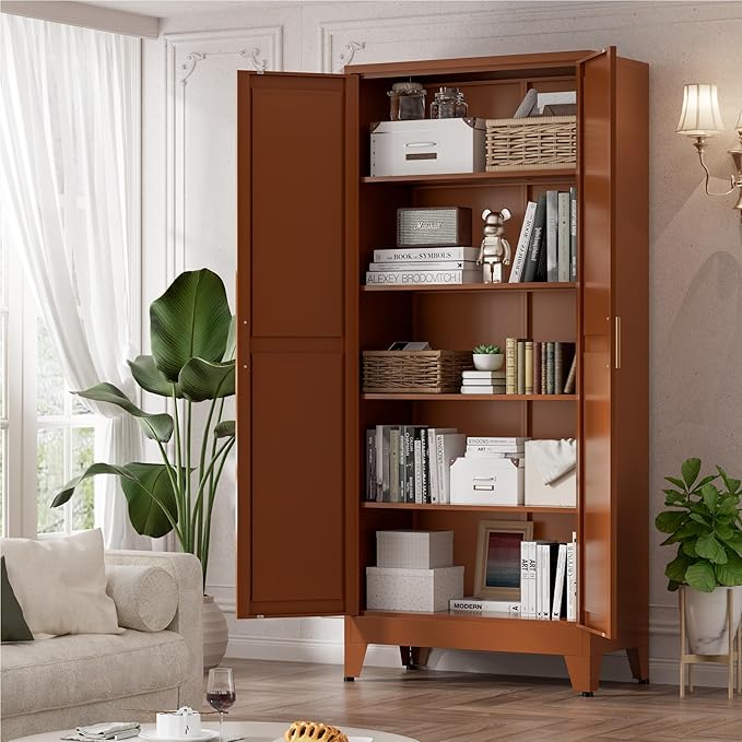 71" Tall Metal Storage Cabinet with 2 Doors and 4 Adjustable Shelves, 5-Tier Kitchen Pantry Storage Cabinet for Kitchen, Living Room, Dining Room and Office, Brown
