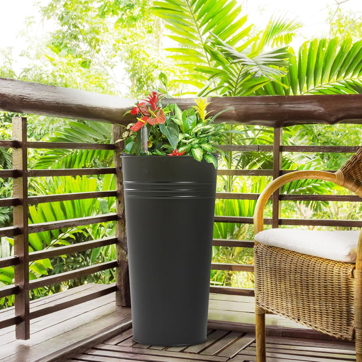 KOL 22''H 2-Pack Planter with Water Level Indicator - Galvanized Steel Pot - Self Watering Planters Flower Pot for Plant - Inner Pot Design - Round Metal Planter Box - Indoor Outdoor Planting - Black