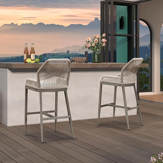 PURPLE LEAF 4 Pieces Bar Stools Patio Modern Rattan Barstools Aluminum Woven Tall Bar Chairs with Cushions for Outdoor Kitchen Island Garden