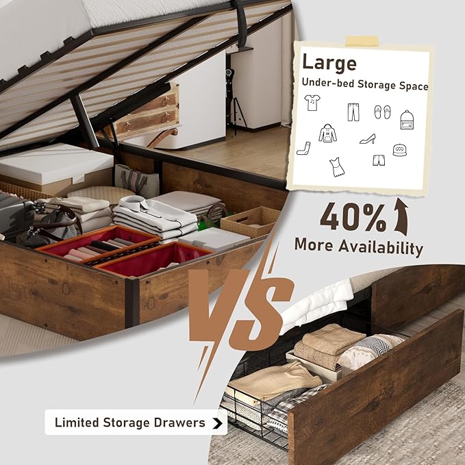 Lift Up Storage Bed Frame, Full Size Wooden Platform Bed with Large Storage Underneath, No Box Spring Needed, Noise Free, Rustic Brown