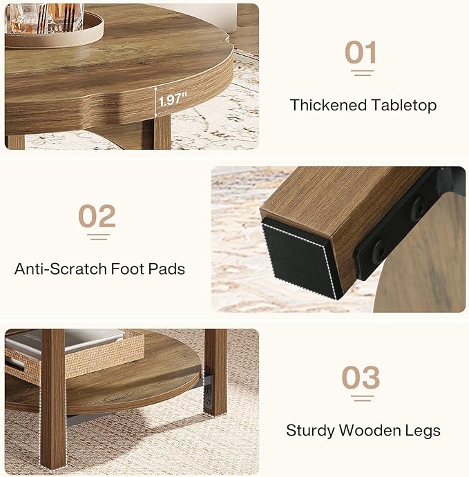 Tribesigns Round Coffee Table, 2-Tier Farmhouse Center Table with Storage Shelf, Rustic Wooden Cocktail Tables for Living Room