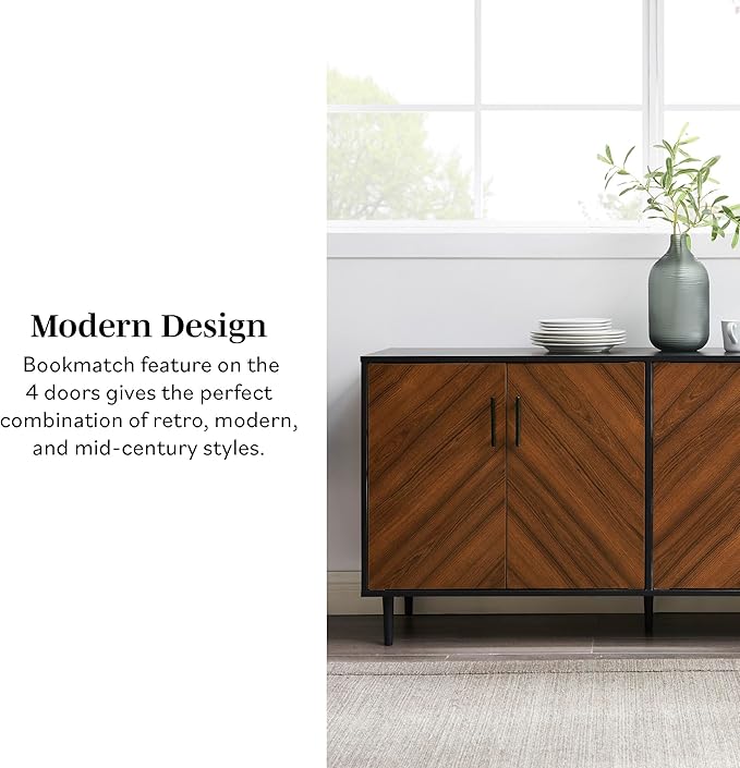 Walker Edison Caye Modern 4-Door Bookmatch Buffet-Sideboard for Storage, 58 Inch, Acorn Bookmatch/Black