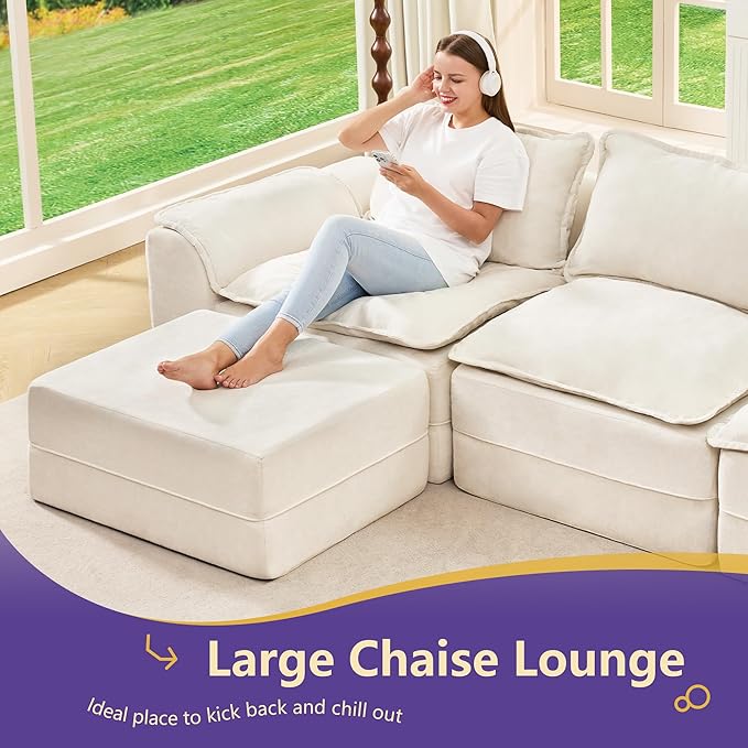 Hobestluk 120" Cloud Modular Sectional Couch 3-Seater Sofa with Ottomans U Shaped Couch Deep Seat Sofa with Removable Cover Large Sofa for Living Room (Beige, 3-Seater Sofa with Two Ottomans)
