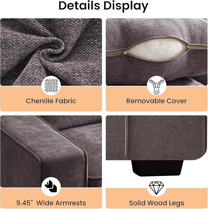 RISAR 71.25" Modern Loveseat Sofa for Living Room, Chenille Couch with Removable Cover & Spring Cushions, Solid Wood Frame, Easy Assembly for Small Spaces (Dark Gray)