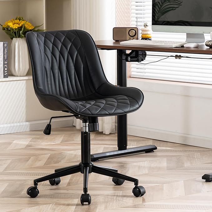 YOUNIKE Black Home Office Desk Chair Armless Comfy Small Ergonomic Rolling Vanity Chair with Wheels Wide Swivel Adjustable Modern Task Chair Back Cute Leather Upholstered Sewing Drafting Chair No Arms