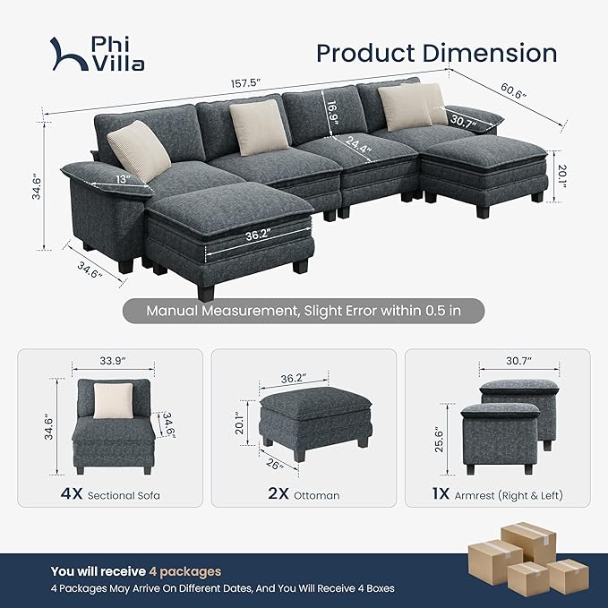 PHI VILLA Cloud Modular Couch Sets, 157.5" Sectional Sofa with U-Shaped Chaise, 6-Seater Couches with Movable Ottomans for Living Room, Chenille Fabric, Dark Cyan