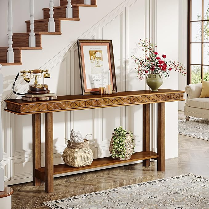 Tribesigns 70.9-Inch Extra Long Console Table, Solid Wood Sofa Table Behind Couch Narrow Long, 2-Tier Entryway Accent Table with Storage for Living Room, Hallway, Entrance, Foyer, Rustic Brown