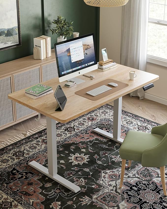 FEZIBO One-Piece Standing Desk Adjustable Height Stand up Home Office Desk, 32x20 Inch Electric Standing Computer Desk, with 4 Memory Presets, Headphone Hook, Maple
