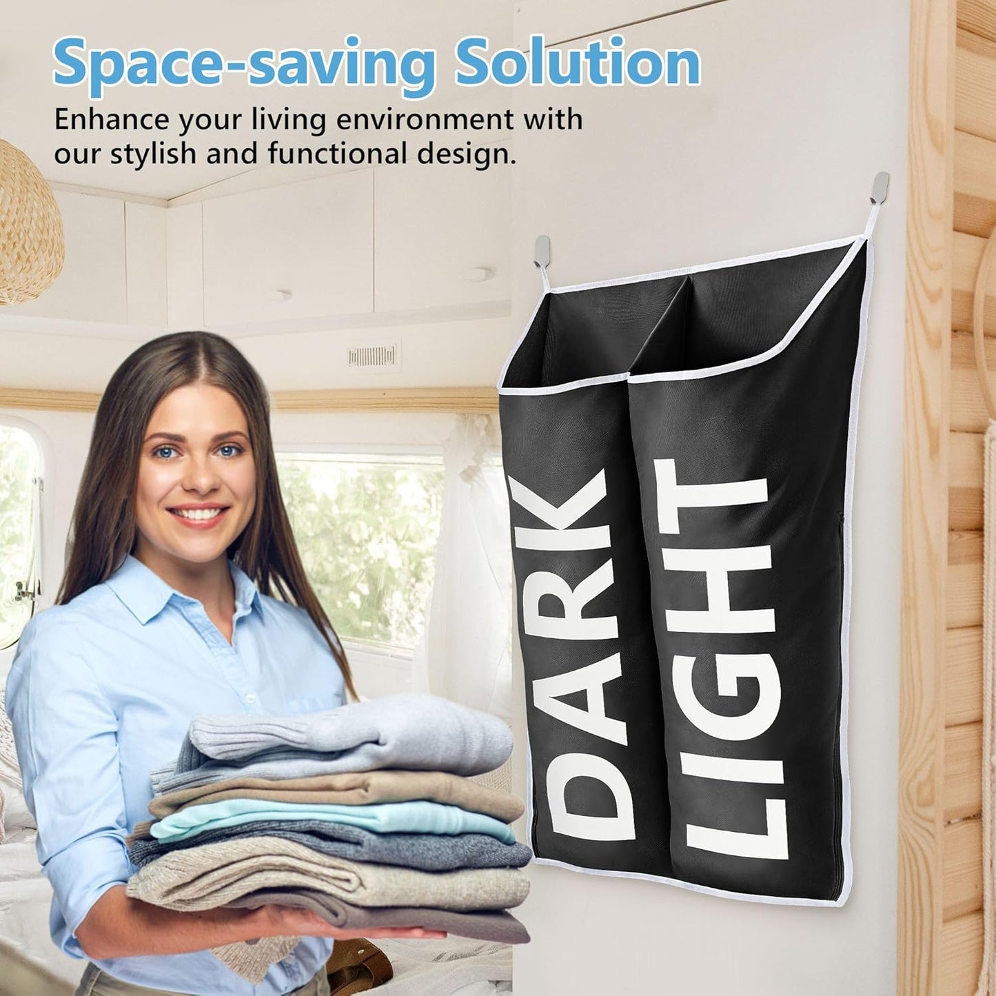 Hanging Laundry Hamper Bag XL 40x22", Space Saving over the Door Storage Bags, Behind the Door Hampers for Dirty Clothes & Wall Mounted Basket for Bathroom, Organizer for Small Room Spaces RV