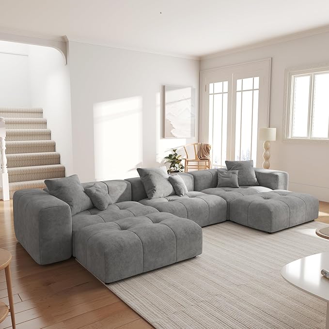 JACH 144.1 Inch U-Shaped Modular Sofa, Mid Century Modern Deep Seat Sectional Couch, 3-Seater Sofas with Chaise Ottomans for Living Room, Cozy Sofas for Apartment, Living Room (Linen Fabric, Grey)