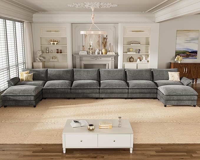 Homall 232" Modular Sectional Sofa, Oversized Sofa Couch with Reversible Ottoman, DIY Combination Chenille Deep 6-Seat Cloud Couch for Living Room, Apartment (Light Grey, Oversized Sofa)