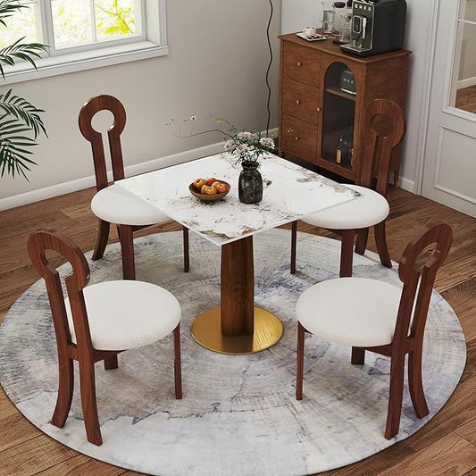 Sintered Stone Square Office Table and Chair Set - Meeting Table for Small Offices (Walnut‌ Leg and Pandora Top, 1 Table and 4 Chairs)