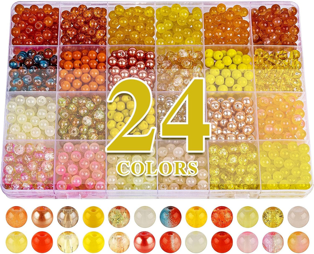 XSEINO About 1200PCS 6mm Glass Beads Bracelet Making Kit,24 Assorted Warm Yellow Wilt Series Colorful Crystal Beads for Bracelet and Jewelry Making and DIY Crafts,Friendship Bracelets