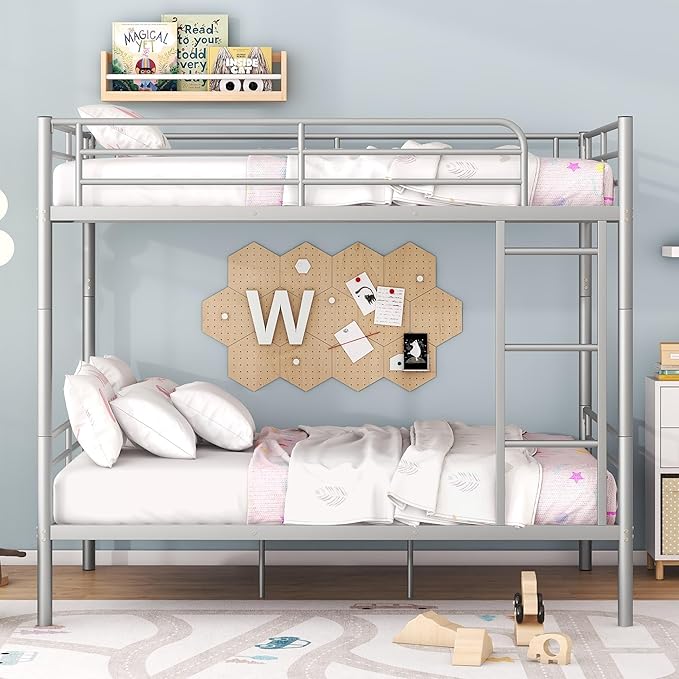Merax Full Over Full Metal Bunk Bed with Ladder and high Guardrail, Able to Split, Storage Space, No Box Spring Needed, Noise Free, Silver