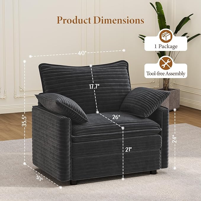 Vesgantti 40" Single Seat Sofa, Comfy Cloud Couch Deep Seat Upholstered Couch Corduroy Modern Sofa with Armrest Pillow, Easy Assembly for Living Room, Bedroom and Apartment, Gray