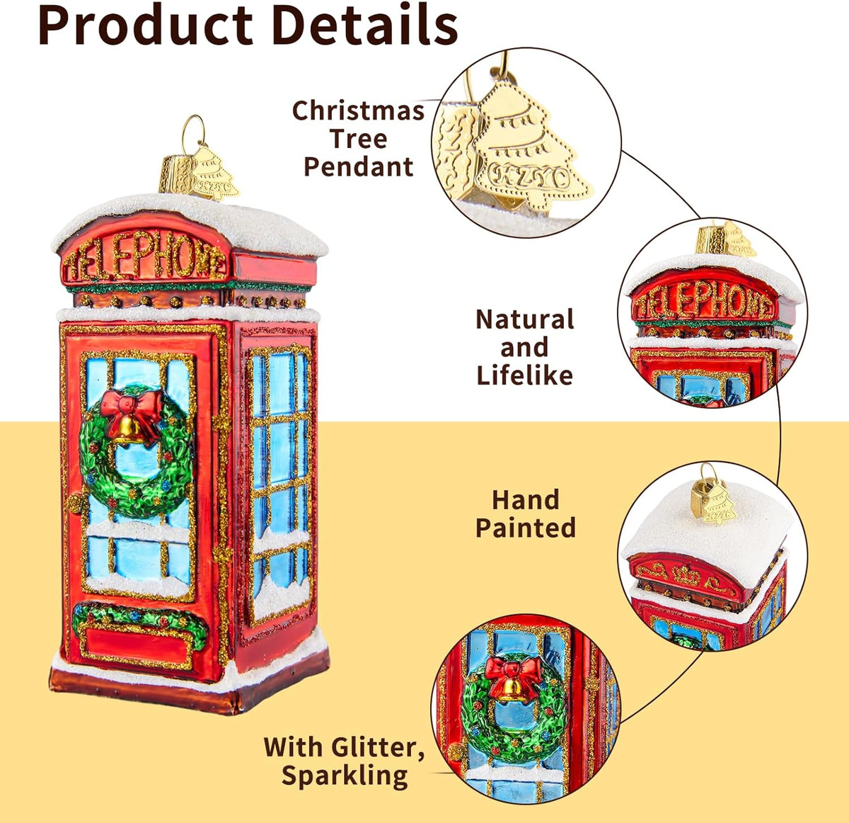 Telephone Booth Christmas Tree Ornaments,Hand-Blown Glass Ornaments,London Phone Booth Watcher Collection Figurines Hanging Ornament,Christmas Decorations for Holiday Party Home Gift