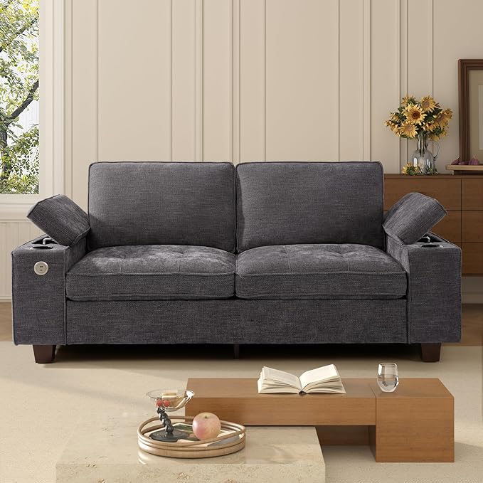 84" Loveseat Couch for Living Room,Modern Chenille Upholstered Sofa with Adjustable Storage Armrest,Cup Holders,USB & Type-C Ports,Solid Wood 2-Seater Loveseat Sofa for Apartment(Deep Gray)