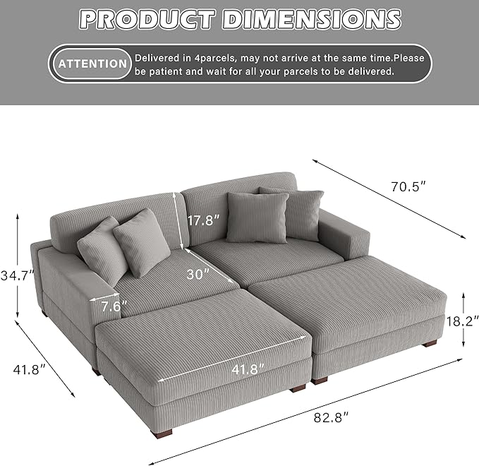 Modular Sectional Couches for Living Room, Modern Loveseat 2-Seater Sofa Couch with Ottoman, Upholstered Couches for Living Room Bedroom, Light Grey