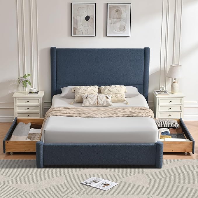 VELOCAVA King Size Upholstered Bed Frame with 51.77" Tall Headboard and Soft Rounded Corners, 2 Storage Drawers, 12-Slat Support, No Box Spring Needed, Linen-Blend Fabric, Dusty Blue