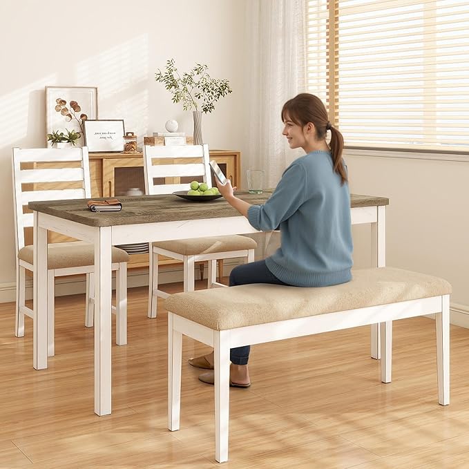 Farmhouse Dining Table Set for 6 Person, 59" Kitchen Table Set with 6 Upholstered Chairs, White Rectangular Dinner Room Table & Chairs Set Rustic Wood Stable (6 Chairs)