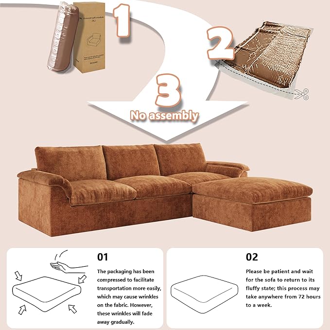 EASE MOOSE Boneless Modular Cloud Couch, Oversized L-Shaped Sectional Sofa for Living Room with Ottoman, Extra Large Movable Couches, 6-Deep-Seat Sofas for Bedroom, Apartment, Chenille (Brown)