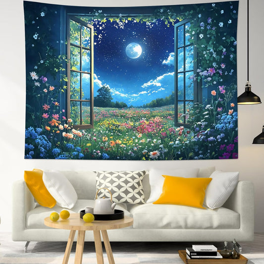 LB Wildflower Moon Tapestry, Window Forest Plant Green Leaf and Garden Colorful Floral Wall Tapestry for Bedroom, Night Sky Wall Art for Living Room Dorm Home Decor Ready to Hanging, 60 x 40 Inches